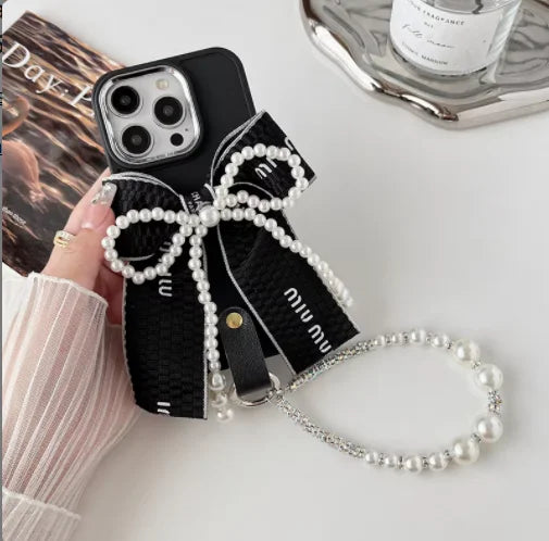 Pearl Bow Ring Bracelet TPU Silicone Phone Case for iPhone