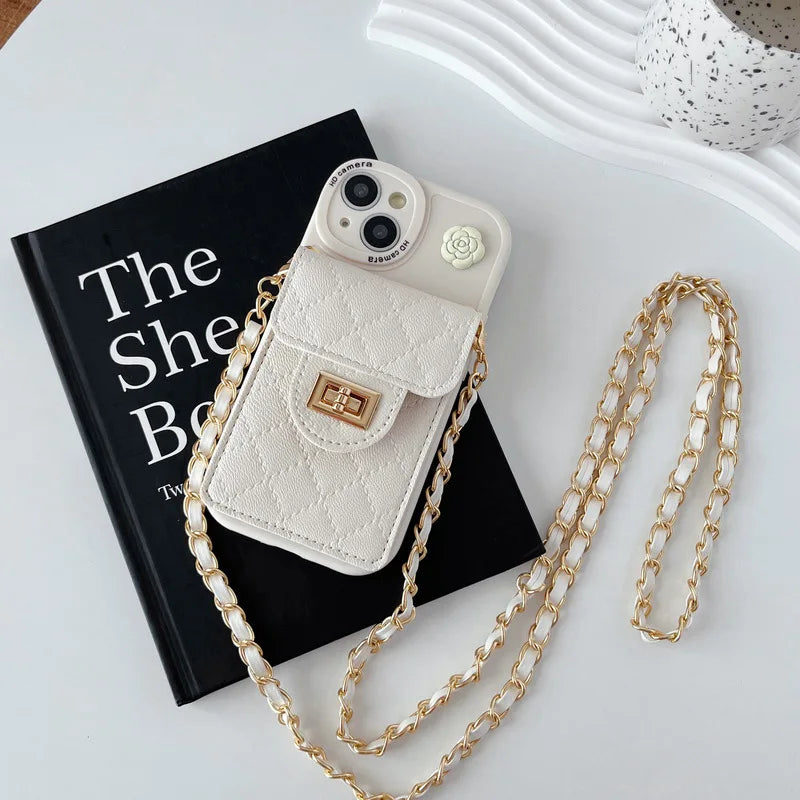 Camellia Flower Crossbody Rope Chain Card Bag Phone Case for iPhone