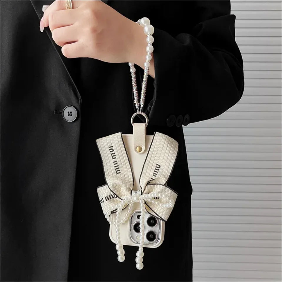 Pearl Bow Ring Bracelet TPU Silicone Phone Case for iPhone