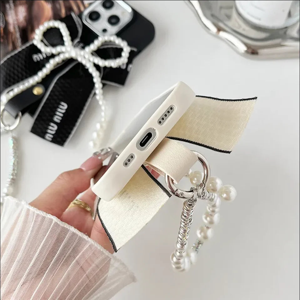 Pearl Bow Ring Bracelet TPU Silicone Phone Case for iPhone