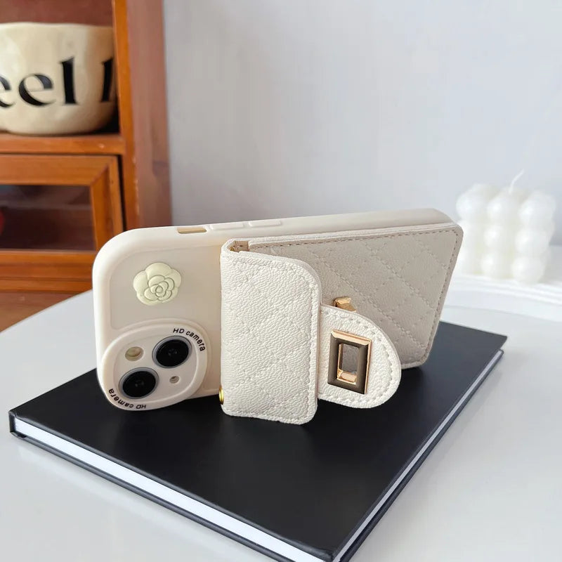 Camellia Flower Crossbody Rope Chain Card Bag Phone Case for iPhone