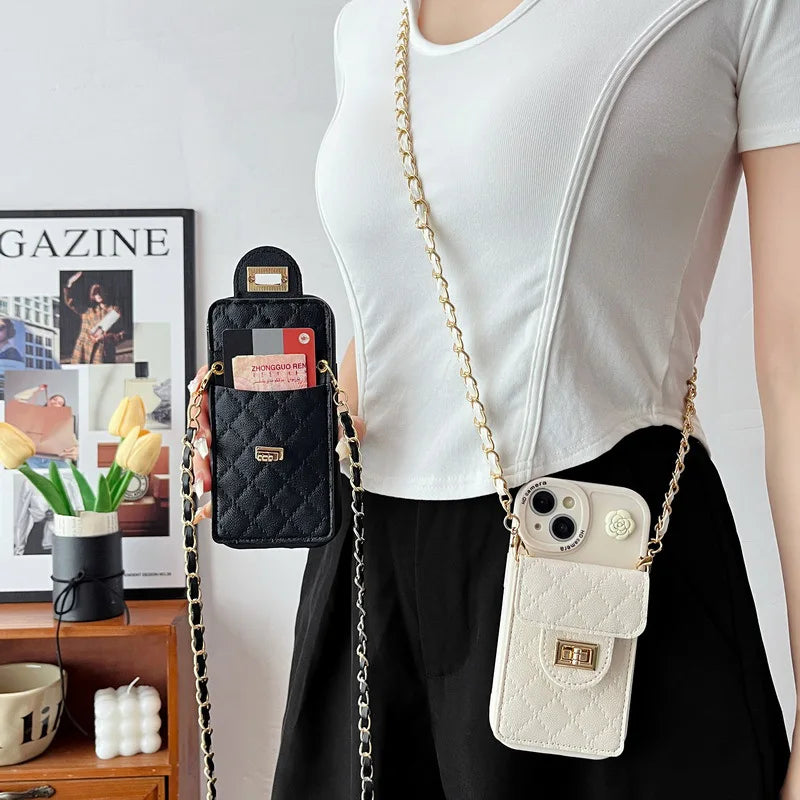 Camellia Flower Crossbody Rope Chain Card Bag Phone Case for iPhone