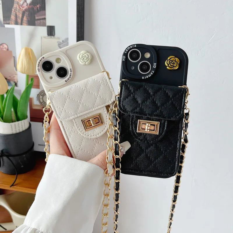 Camellia Flower Crossbody Rope Chain Card Bag Phone Case for iPhone