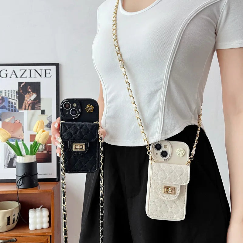 Camellia Flower Crossbody Rope Chain Card Bag Phone Case for iPhone