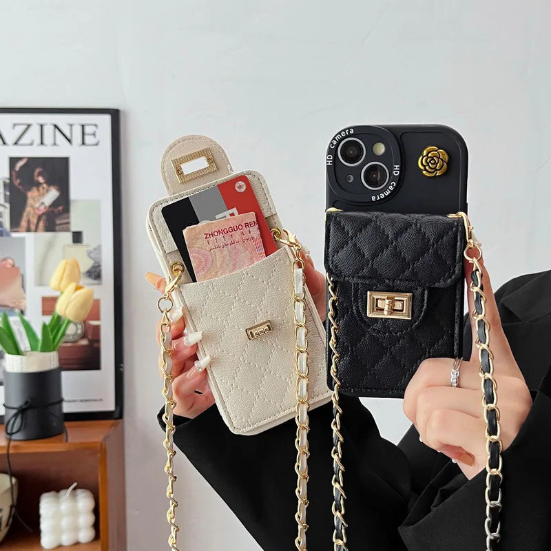 Camellia Flower Crossbody Rope Chain Card Bag Phone Case for iPhone
