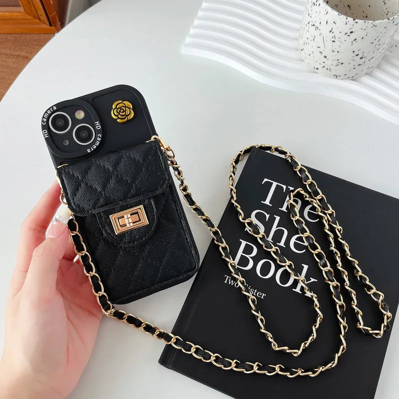 Camellia Flower Crossbody Rope Chain Card Bag Phone Case for iPhone